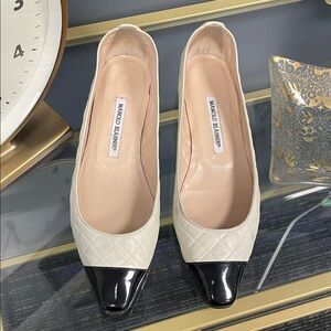 Manolo Blahnik Cream and Black Quilted Loafers